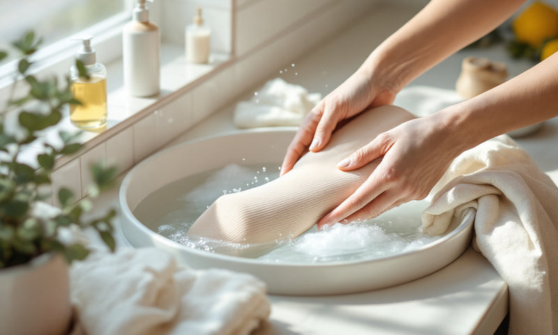 Hände waschen Kompressionsstrümpfe sanft von Hand im Waschbecken.