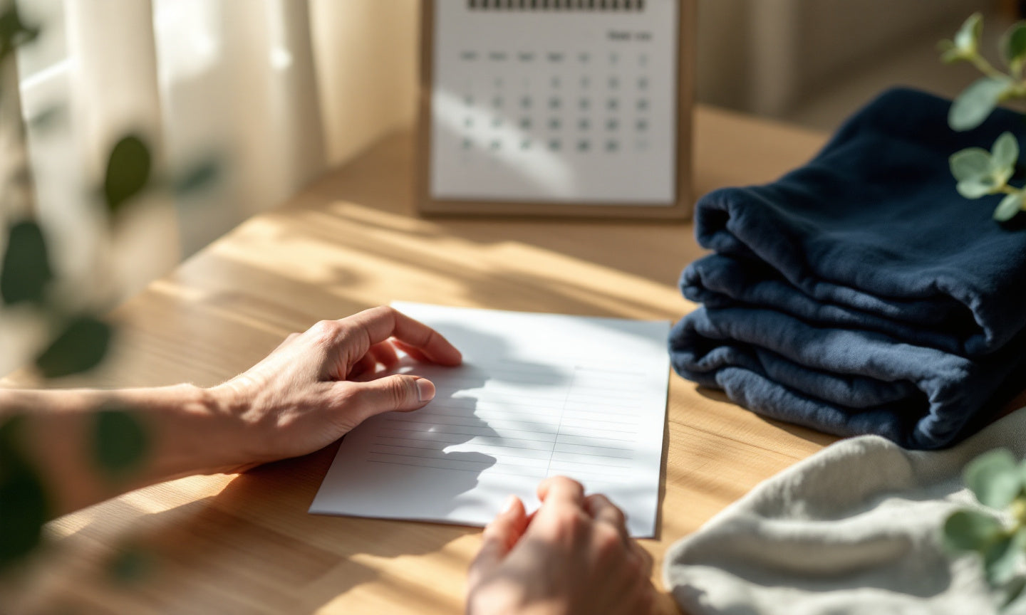 Hände auf leerem Rezept neben gefalteten Kompressionsstrümpfen und Kalender im Hintergrund.