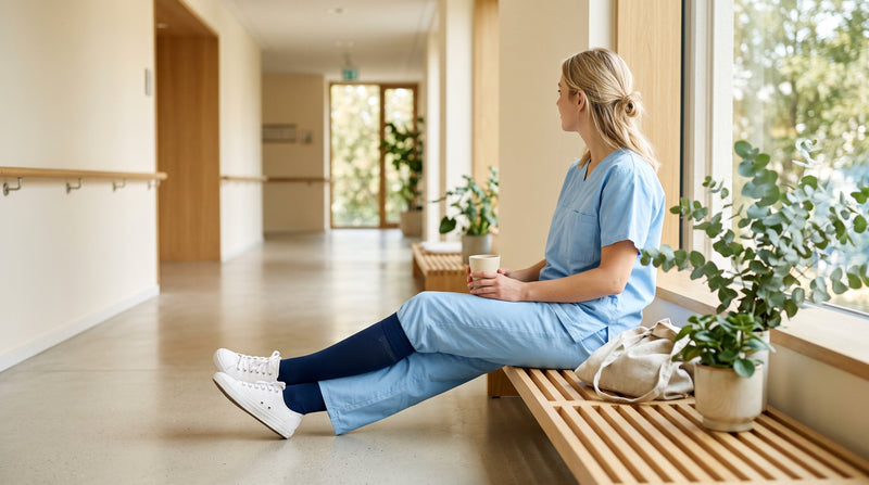 Junge Pflegekraft in Sneakern und Kompressionsstrümpfen in der Pause auf dem Klinikflur