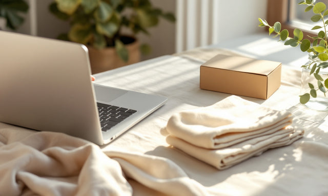 Laptop und gefaltete Kompressionsstrümpfe nach dem Online-Kauf ohne Rezept.