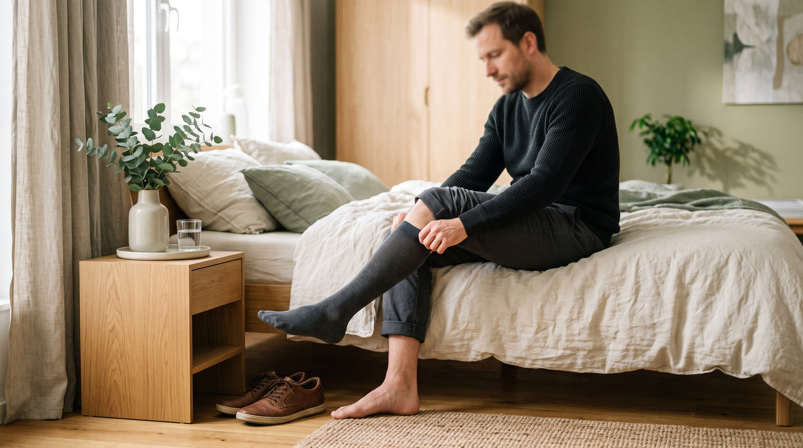 Mann Mitte dreißig zieht morgens dunkle Kompressionskniestrümpfe zu Lederschuhen an