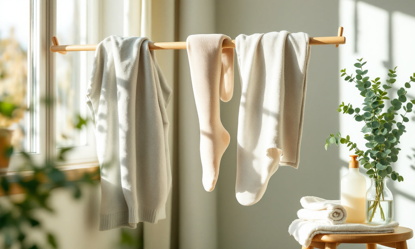 Kompressionsstrümpfe hängen zum Trocknen am Wäscheständer im hellen Zimmer.