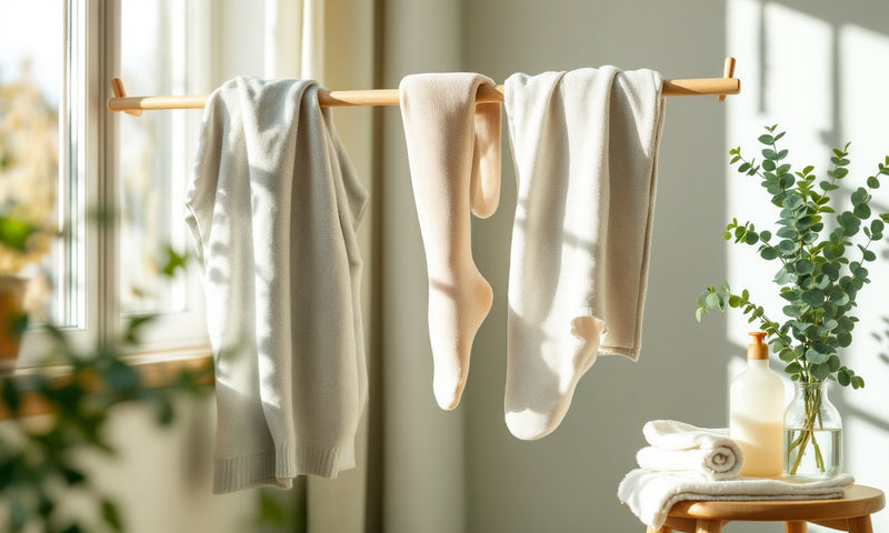 Kompressionsstrümpfe hängen zum Trocknen am Wäscheständer im hellen Zimmer.