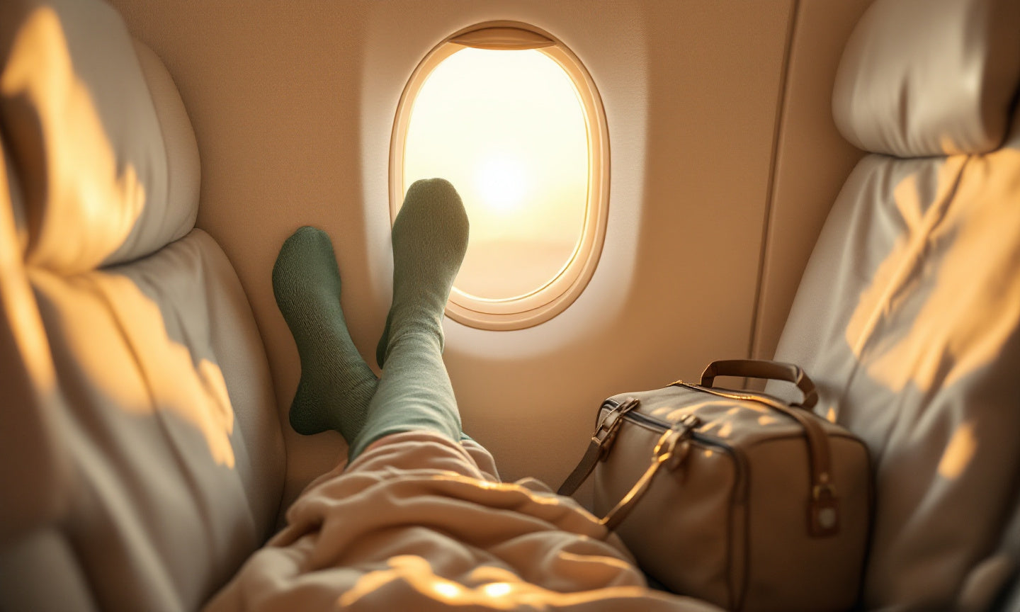 Beine mit Kompressionsstrümpfen am Fensterplatz im Flugzeug bei goldenem Licht.